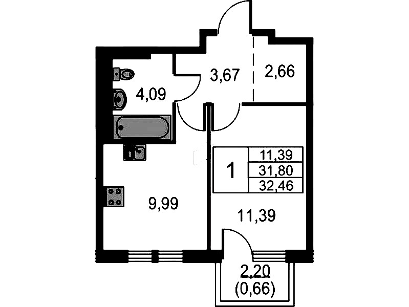 1-комнатная квартира 32.46 м², 13/15 эт., ЖК «Невская Долина»